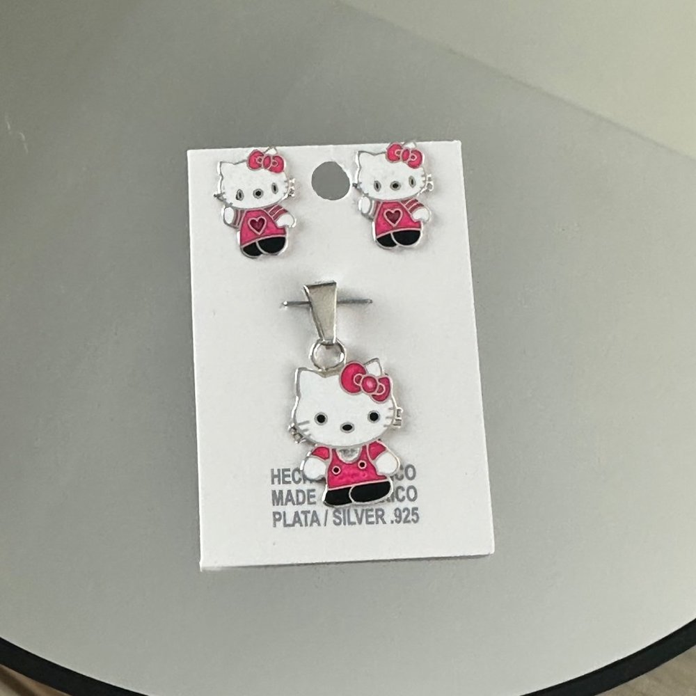 Hello Kitty Silver 925 Earrings & Pendant Set Trendy Girls Jewelry Made In Mexic - Picture 4 of 10